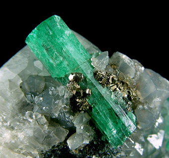 Beryl var. Emerald on Calcite with Pyrite - Coscuez Mine (Cosquez Mine), Muzo Municipality, Boyacá Department, Colombia