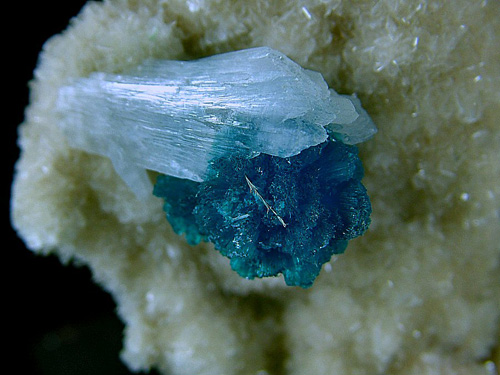 Cavansite with Stilbite on Heulandite - Wagholi Quarries, Wagholi, Pune District, Maharashtra, India