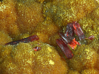 Orpiment and Baryte, Realgar - La Liberdad mine, Quiruvilca, Peru