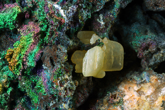 Cerussite on Goethite and Quartz - San Valentin mine, La Unin, Murcia, Spain