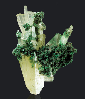 Malachite on Aragonite var. Tarnowitzite - Tsumeb mine, Tsumeb, Namibia