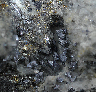 Gudmundite, galena, sphalerite and chalcopyrite - Vein 22B55 - Level 28 -Uranium Mine No. 19 - Dubenec - Prbram - Central Bohemia Region - Bohemia - Czech Republic